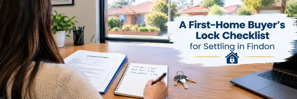 First-home buyer reviewing a lock checklist, settlement documents and keys in Findon